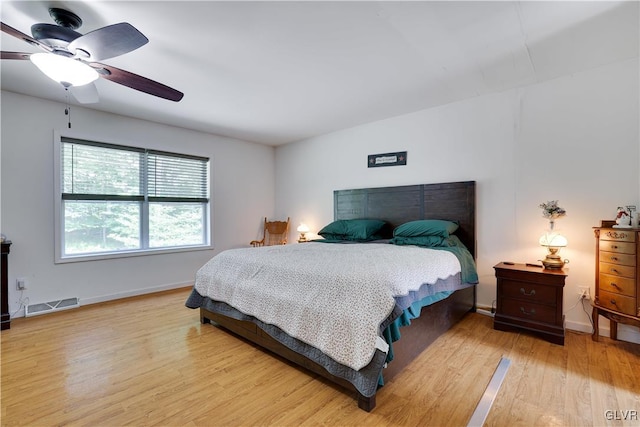 bedroom with ceiling fan and light hardwood / wood-style flooring