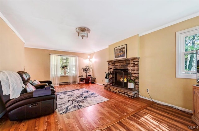 living room with a fireplace, wood-type flooring, a baseboard radiator, and crown molding