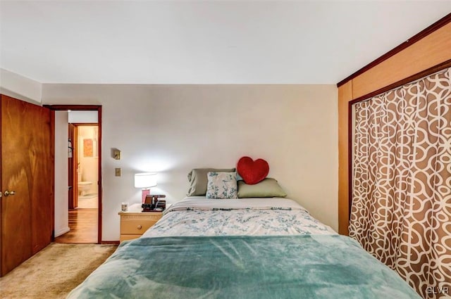 bedroom featuring light carpet and a closet