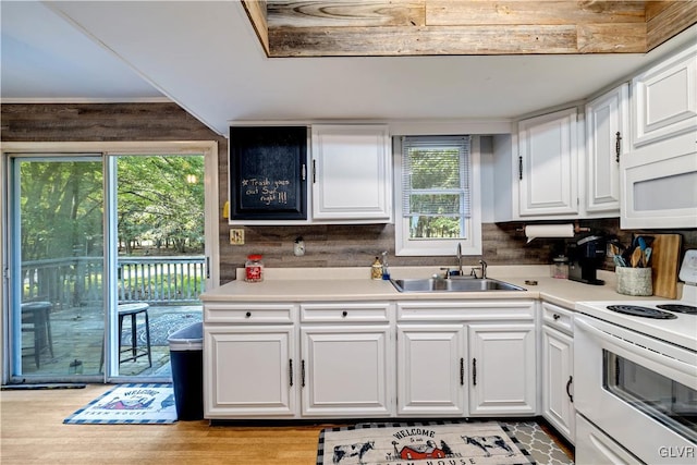 kitchen with white appliances, a healthy amount of sunlight, and light hardwood / wood-style floors