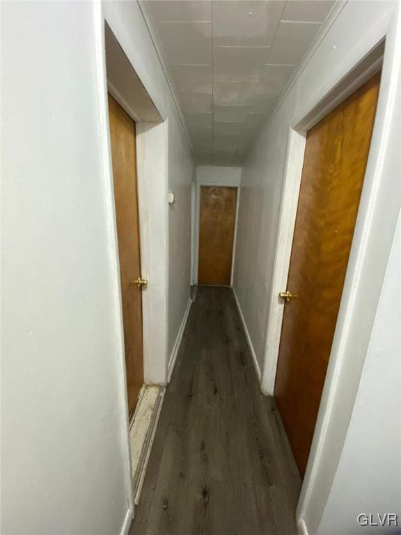 hall featuring ornamental molding and dark wood-type flooring