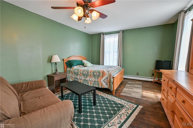 bedroom with ceiling fan, a baseboard radiator, and dark hardwood / wood-style floors