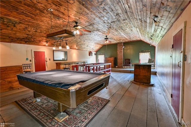 playroom featuring lofted ceiling, pool table, wood ceiling, wood-type flooring, and ceiling fan