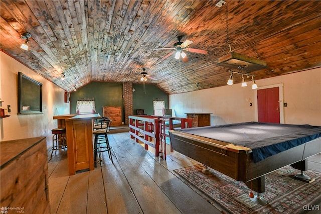 rec room with wooden ceiling, light wood-type flooring, billiards, and lofted ceiling