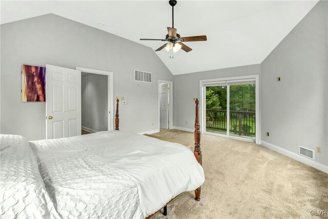 bedroom featuring ceiling fan, high vaulted ceiling, light colored carpet, and access to exterior