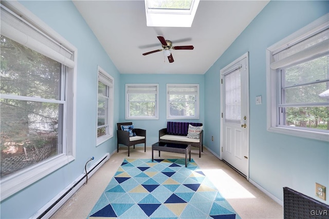 sunroom / solarium with ceiling fan, lofted ceiling with skylight, and baseboard heating