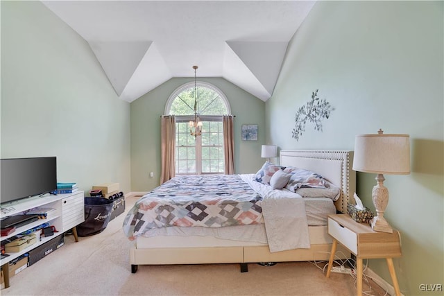 bedroom featuring carpet floors and lofted ceiling