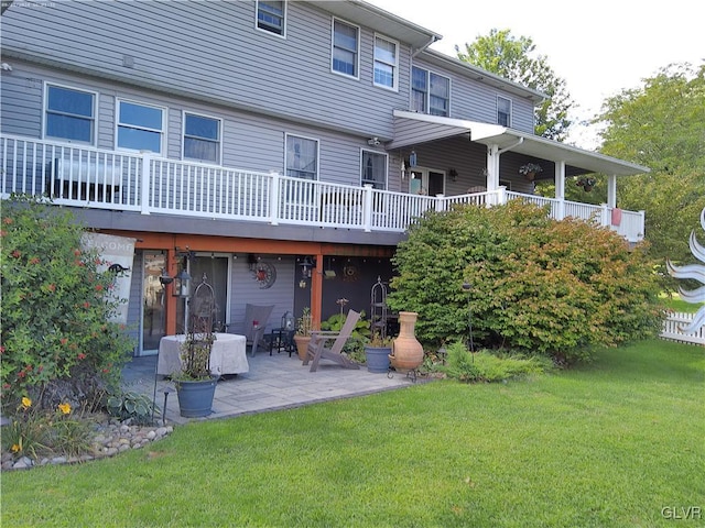 back of house with a patio area and a yard