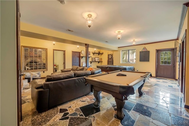 playroom featuring tile patterned floors, billiards, and ornamental molding