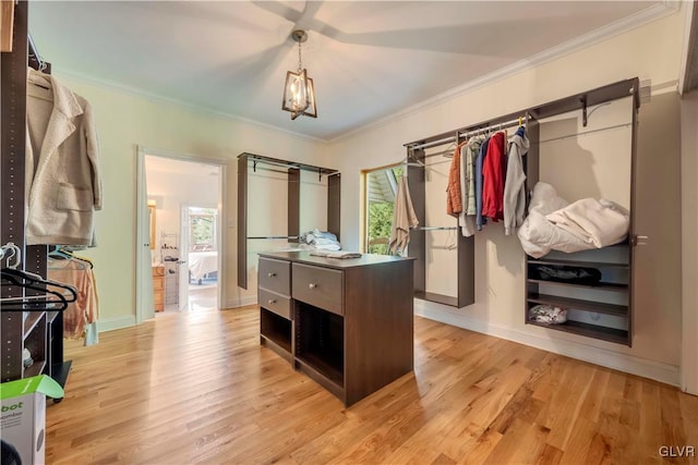 walk in closet with light hardwood / wood-style floors