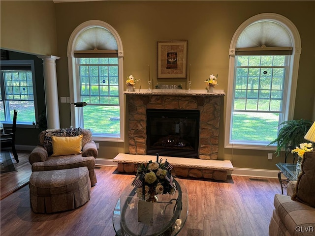 living room featuring wood-type flooring, a wealth of natural light, and a stone fireplace