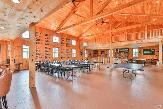 recreation room featuring beamed ceiling, wooden ceiling, high vaulted ceiling, ceiling fan, and wooden walls