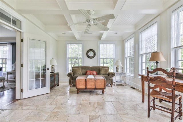 sunroom / solarium with coffered ceiling, ceiling fan, and beamed ceiling