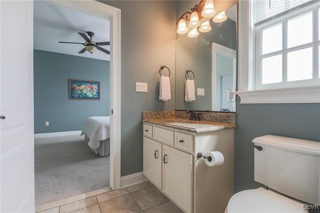 bathroom featuring tile patterned flooring, vanity, toilet, and ceiling fan