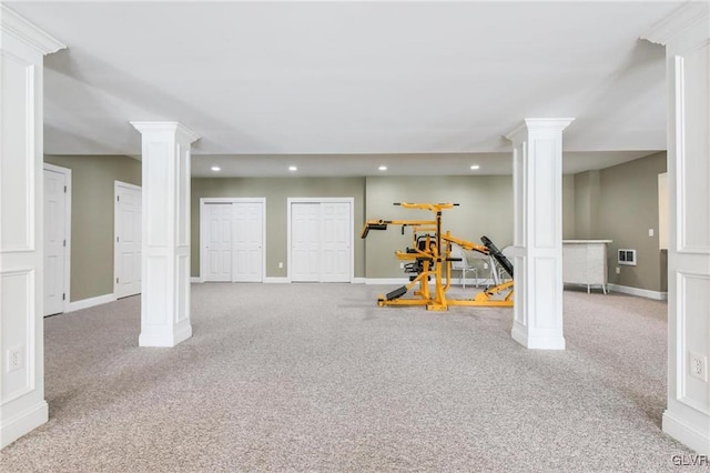 basement featuring light colored carpet