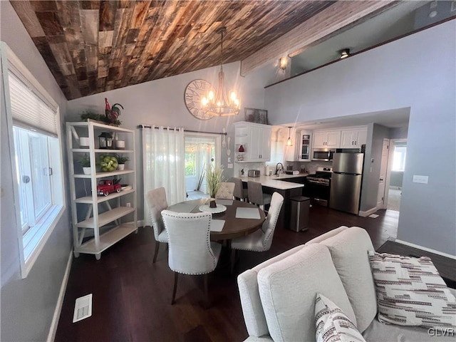 dining room featuring a healthy amount of sunlight, lofted ceiling, dark hardwood / wood-style flooring, and a chandelier