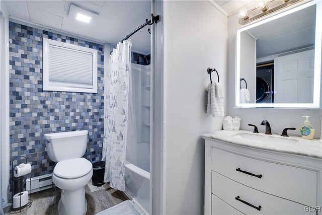 full bathroom featuring a baseboard heating unit, vanity, toilet, and wood-type flooring