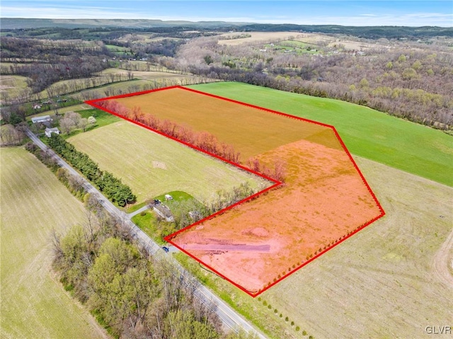 birds eye view of property with a rural view