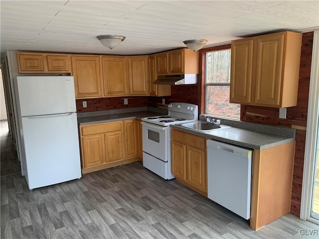 kitchen with white appliances, wood-type flooring, sink, and wooden walls