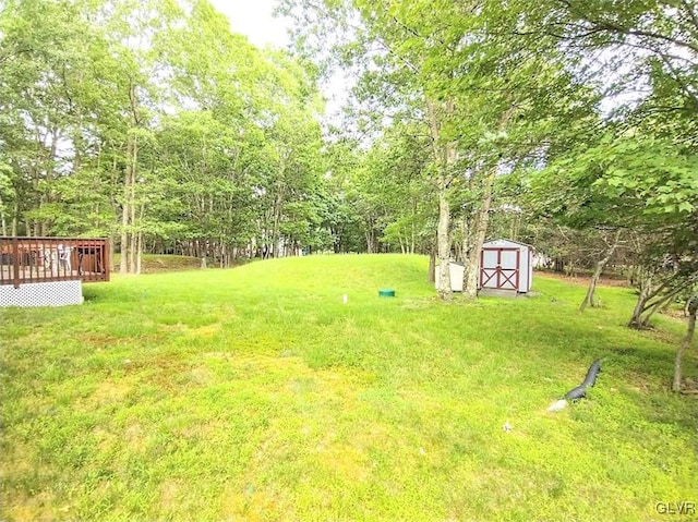 view of yard with a storage shed and a wooden deck