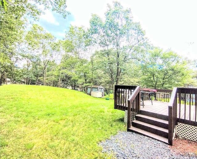 view of yard featuring a storage shed and a deck