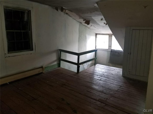 additional living space featuring a baseboard radiator and dark hardwood / wood-style floors