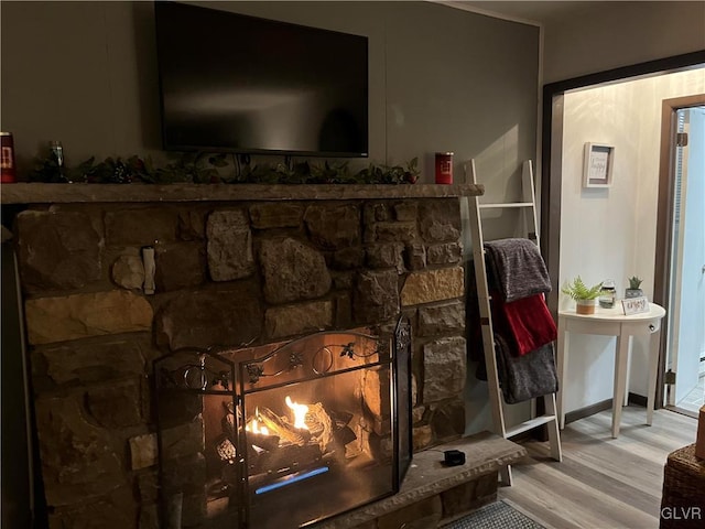 details with hardwood / wood-style floors and a fireplace