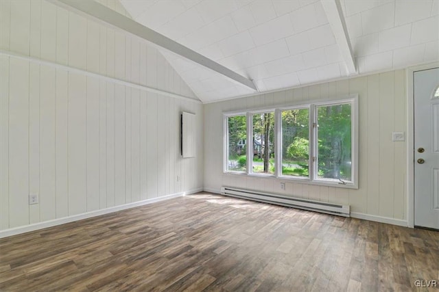 spare room with vaulted ceiling with beams, dark hardwood / wood-style flooring, and a baseboard radiator