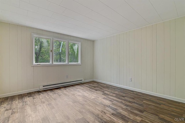 unfurnished room featuring wood-type flooring, baseboard heating, and wood walls