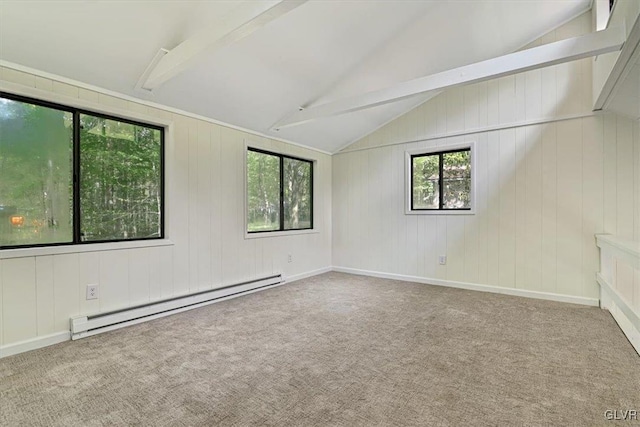 unfurnished room with carpet, lofted ceiling with beams, and a baseboard heating unit