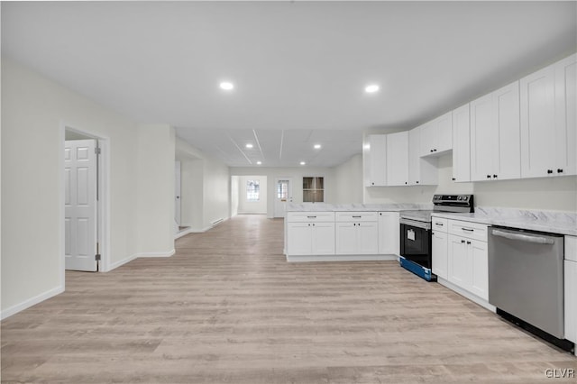 kitchen with white cabinetry, light hardwood / wood-style flooring, electric range oven, light stone counters, and stainless steel dishwasher