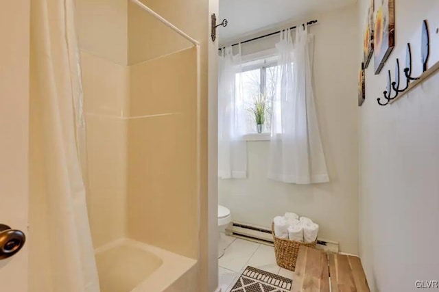 full bathroom with toilet, shower / tub combo, and a baseboard radiator