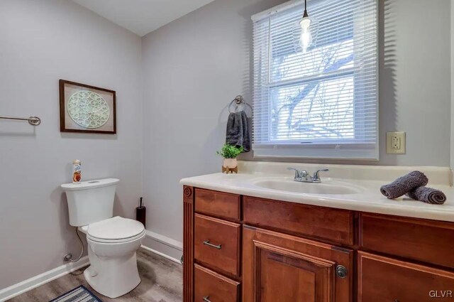 bathroom featuring vanity, toilet, and hardwood / wood-style flooring