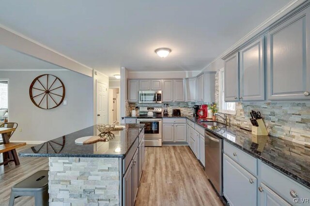 kitchen featuring stainless steel appliances, gray cabinets, tasteful backsplash, and light hardwood / wood-style floors