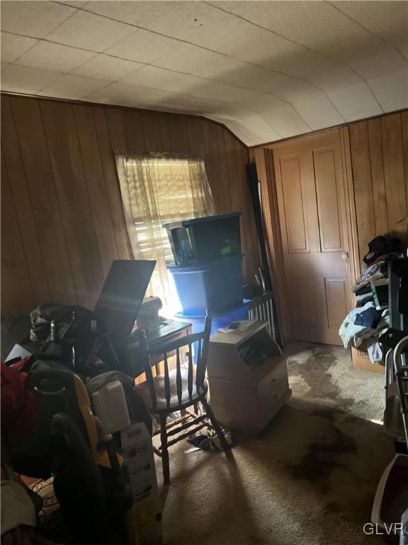 bedroom with wood walls and carpet floors