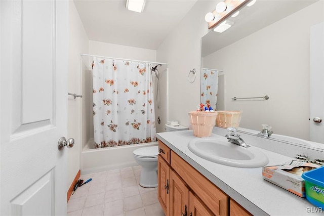 full bathroom with vanity, toilet, shower / tub combo, and tile patterned floors