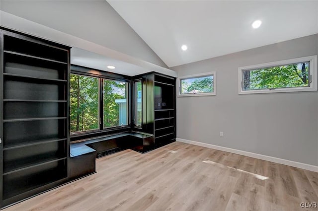 interior space featuring lofted ceiling, light hardwood / wood-style flooring, and a healthy amount of sunlight