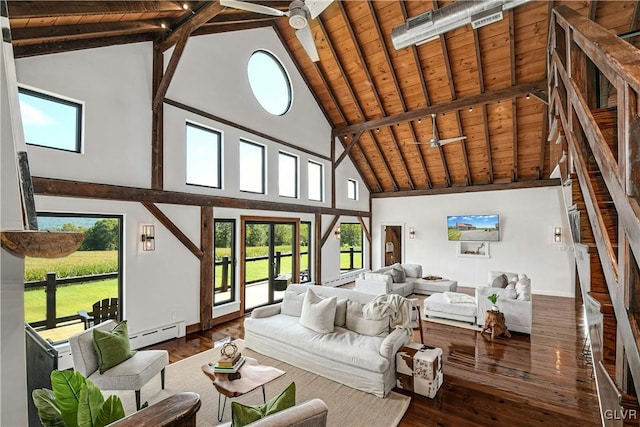 living room featuring beamed ceiling, baseboard heating, wood ceiling, dark wood-type flooring, and ceiling fan