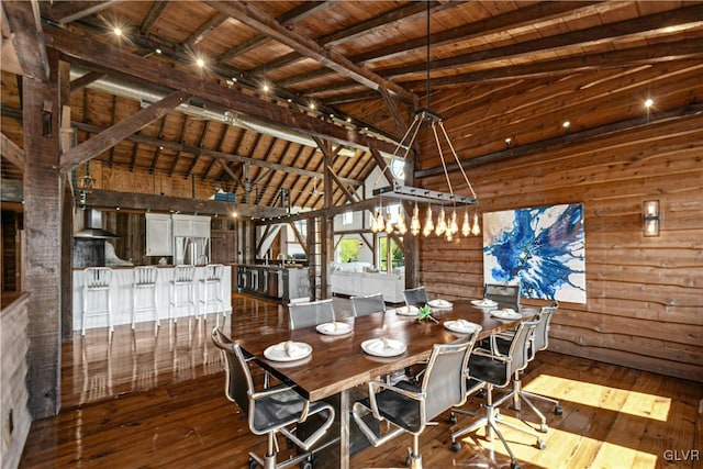 dining area with lofted ceiling with beams, hardwood / wood-style floors, wood walls, and wood ceiling