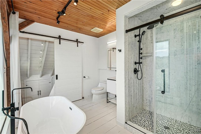 full bathroom featuring hardwood / wood-style flooring, wood ceiling, toilet, independent shower and bath, and vanity