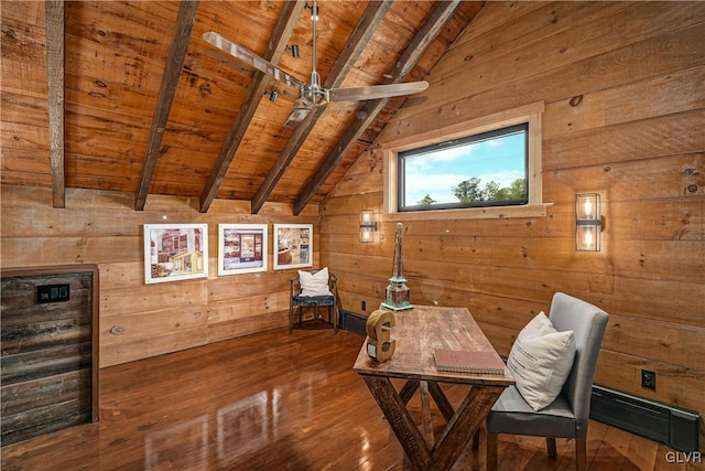 unfurnished office with wood walls, dark hardwood / wood-style flooring, wooden ceiling, and vaulted ceiling with beams