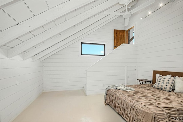 bedroom featuring concrete floors, wood walls, ceiling fan, vaulted ceiling with beams, and wood ceiling