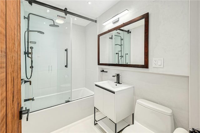 full bathroom with shower / bath combination with glass door, toilet, and vanity