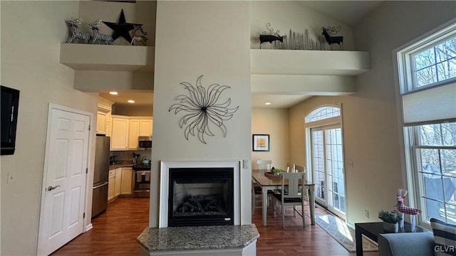 living room with a towering ceiling and dark hardwood / wood-style flooring