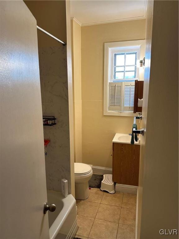 full bathroom with bathing tub / shower combination, tile patterned floors, crown molding, vanity, and toilet