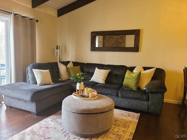 living room featuring wood ceiling, lofted ceiling with beams, and dark hardwood / wood-style floors