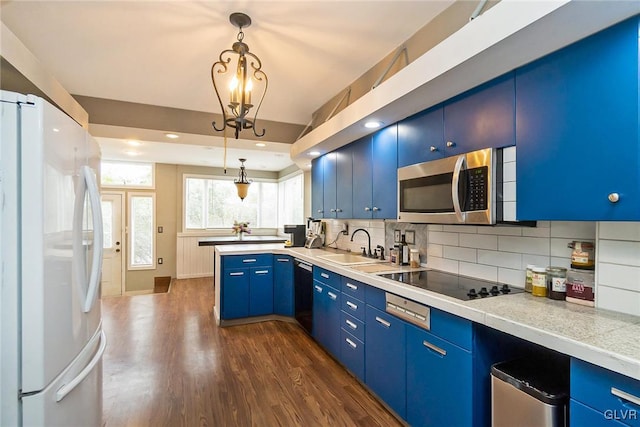 kitchen featuring blue cabinets, black appliances, pendant lighting, and dark wood-type flooring