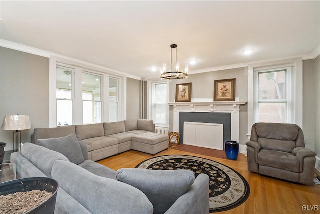 living room with crown molding, a chandelier, light hardwood / wood-style flooring, and a wealth of natural light