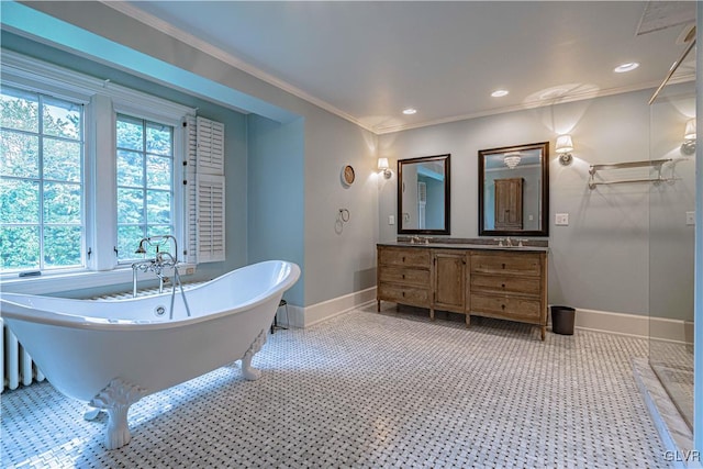 bathroom with vanity, crown molding, and a washtub