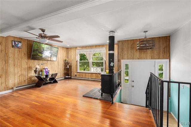 interior space with hardwood / wood-style flooring, a wood stove, and plenty of natural light